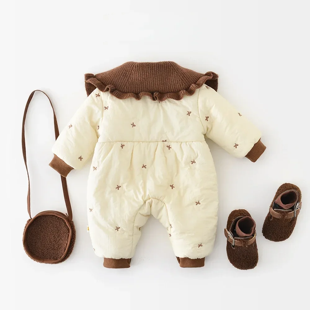 2025 الوليد 0-2Y طفلة الشتاء رومبير Bowknot المطرزة سميكة الصوف بذلة الحلو قطعة واحدة الزي