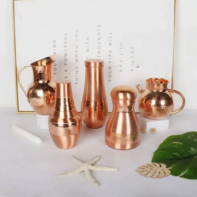 Vintage Brown Copper Pitcher Set   Hammered Copper Drinkware Gift Box for Tableware
