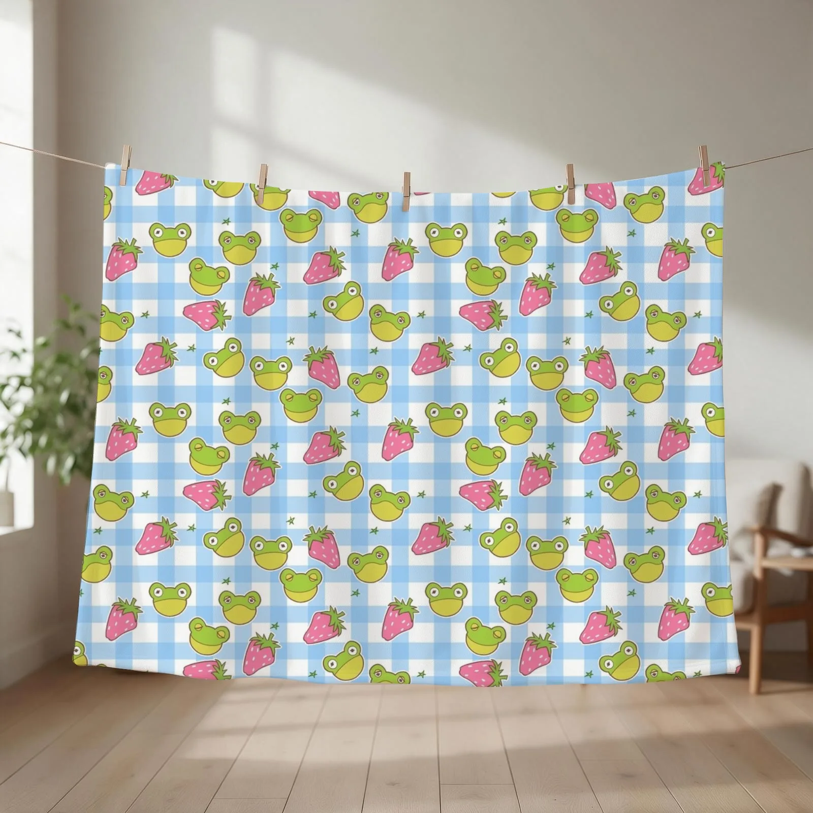 Cottagecore Froggies on Blue Gingham Throw Blanket couch cozy soft plush fuzzy picnic outdoor blanket