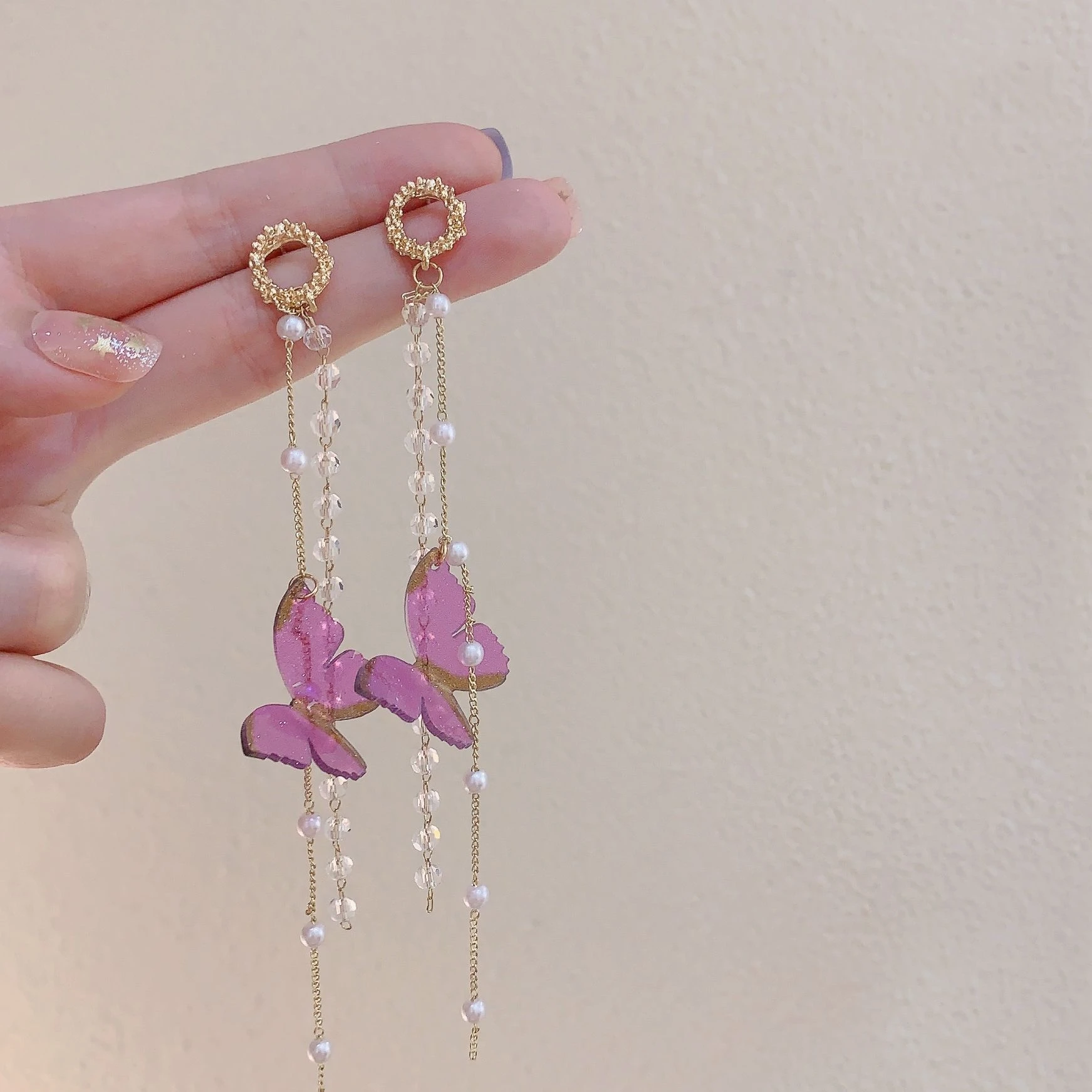 Pendientes de borla de cristal de mariposa rosa azul dulce para mujer, nueva moda coreana, pendientes largos delicados de gota, joyería, regalo de