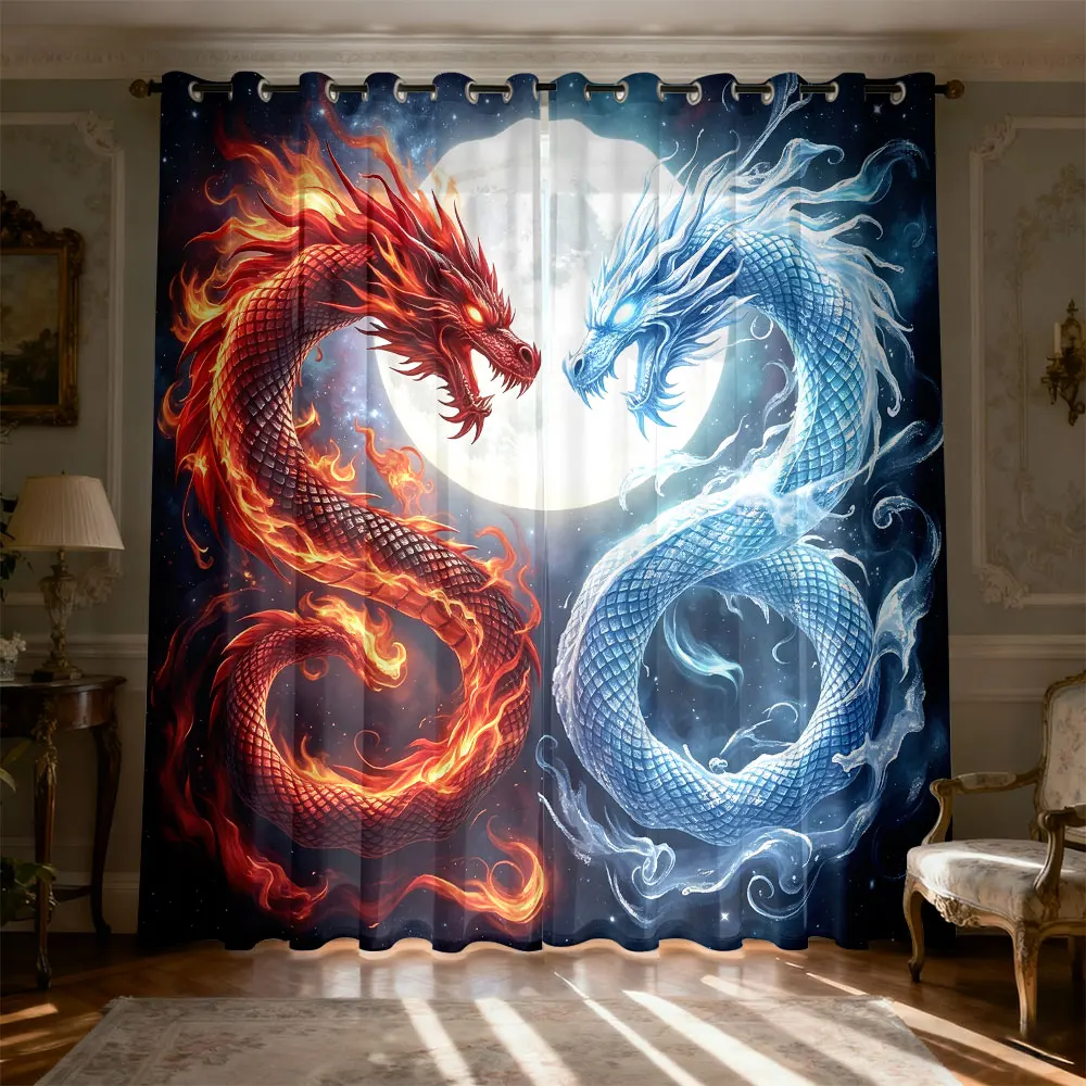 2pcs 90g brushed fabric curtains featuring a blue-fire design of two dragons facing each other against perfect for home decor