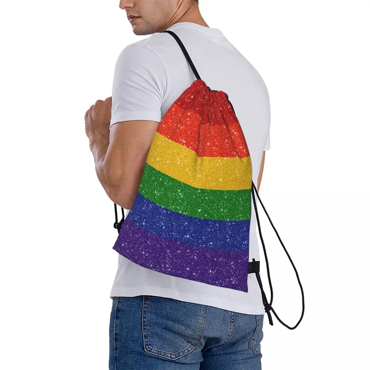 Faux Glitter Rainbow Pride Vlag Trekkoord Tassen Sporttas Hot Koop Rugzak Grappige Infanterie Pak