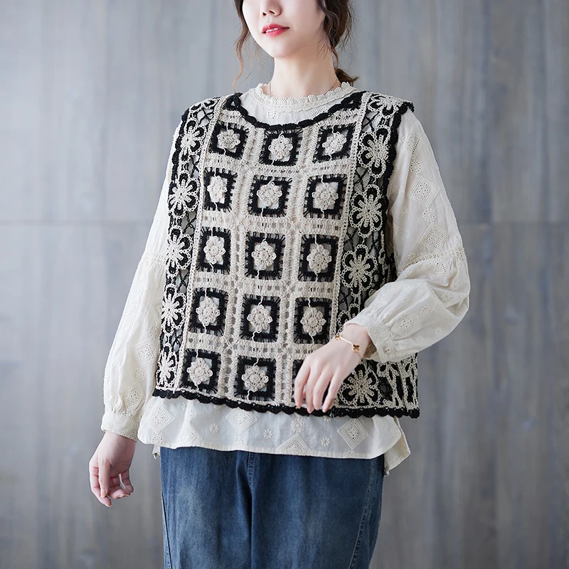 

Versatile Retro Artistic Women's Open Cardigan Knitted Hollow out Belted Flower Hook Design Front Ba Two-Way Wear Commute