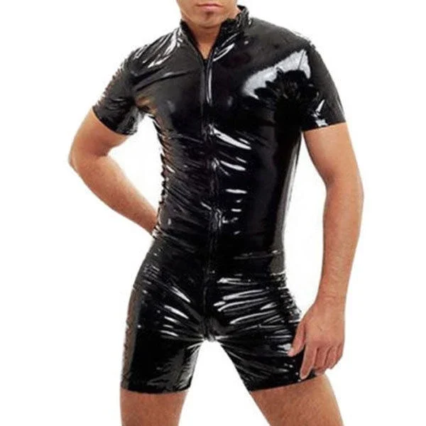 

100% Latex Rubber Front zipper Black Men's fitness casual uniforms Cosplay