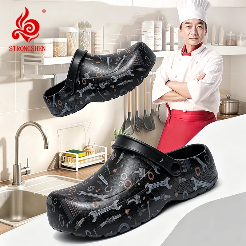Men's Printed Chef Clogs Non-slip Waterproof Oil-proof Work Shoes Comfortable Kitchen Restaurant Shoes Large Size 39-51