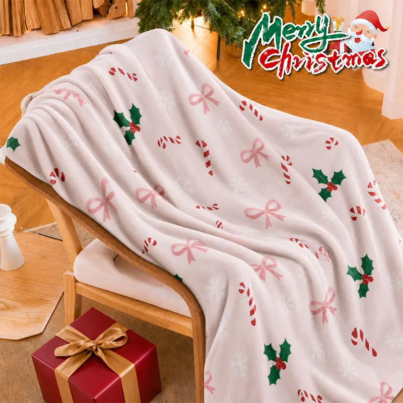 Christmas Candy Mistletoe Pattern Pink Bow Blanket Ultra-Soft Flannel  Multi-Purpose Winter Warm Throw Blanket Merry Xmas Gift