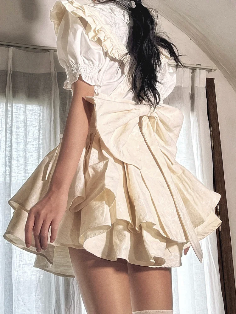 DEEPTOWN Kawaii Lolita Skirt Women Japanese Fashion High Waist A-line Bow Bandage Vintage Mini Ruffles Suspender Skirt Summer