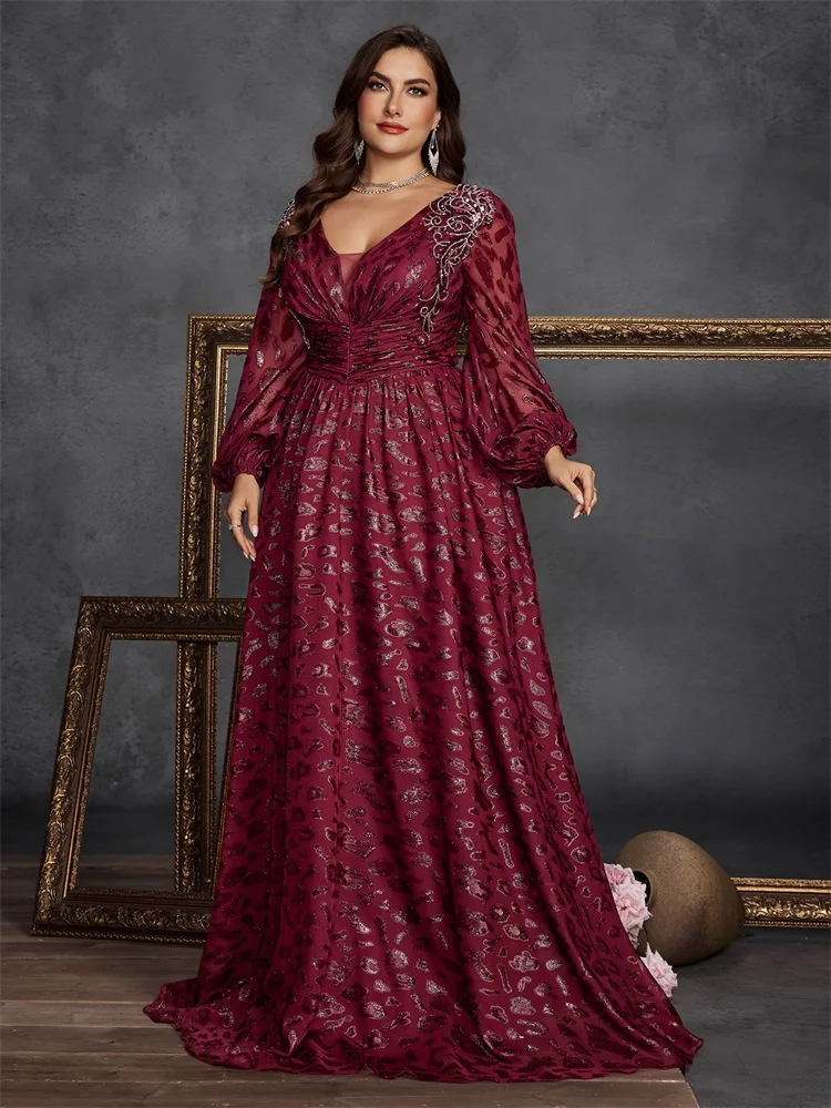 Lucyinlove Abiti da sera di lusso con applicazioni taglie forti Abiti da cocktail per feste di nozze con paillettes formali a sirena a maniche lunghe da donna