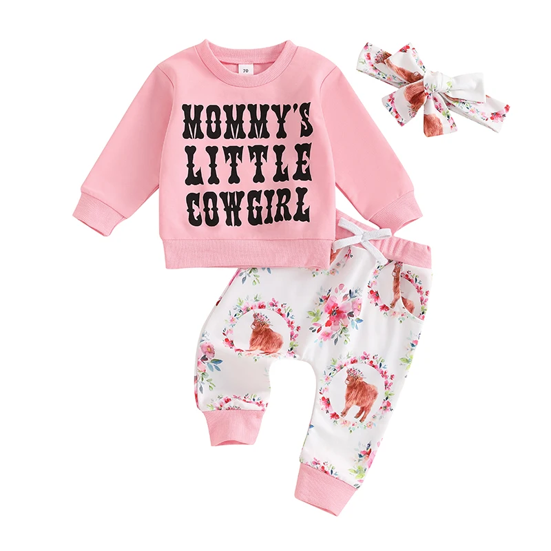 Baby Girls Western Outfits Letter Print Long Sleeves Shirt and Elastic Cow Print Pants Headband 3 Piece Clothes Set