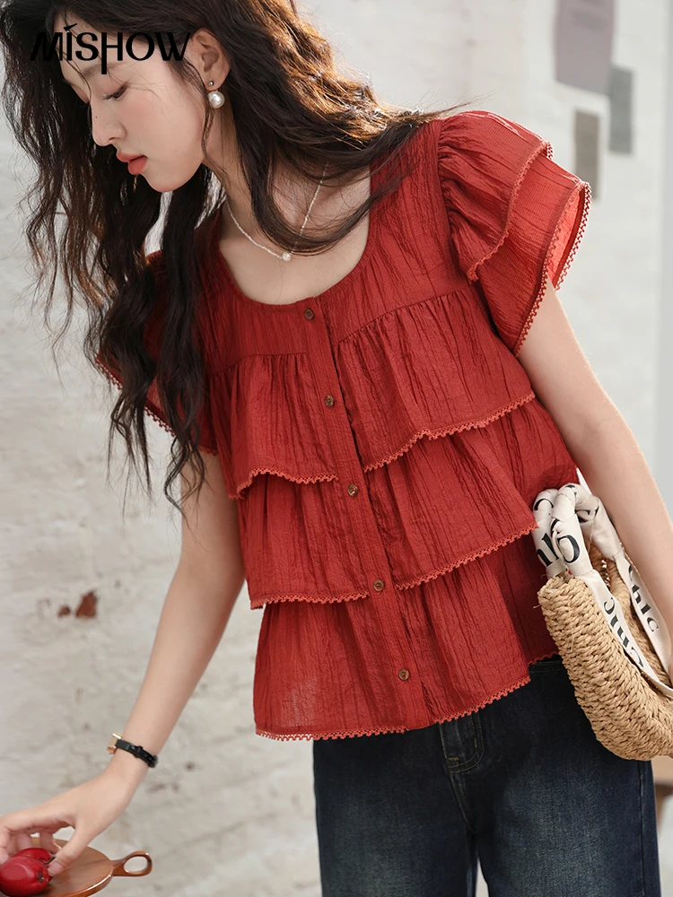 MISHOW Women\'s French Square Collar Blouses 2024 Summer Retro Red Ruffle Lace Cake Top Puff Sleeve Solid Sweet Blouse MXD30X1488