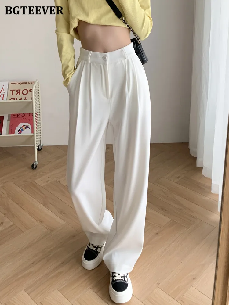 BGTEEVER Elegant One Button Ladies Wide Leg Trousers Spring Summer Loose Fashion Solid Straight White Suit Pants for Women