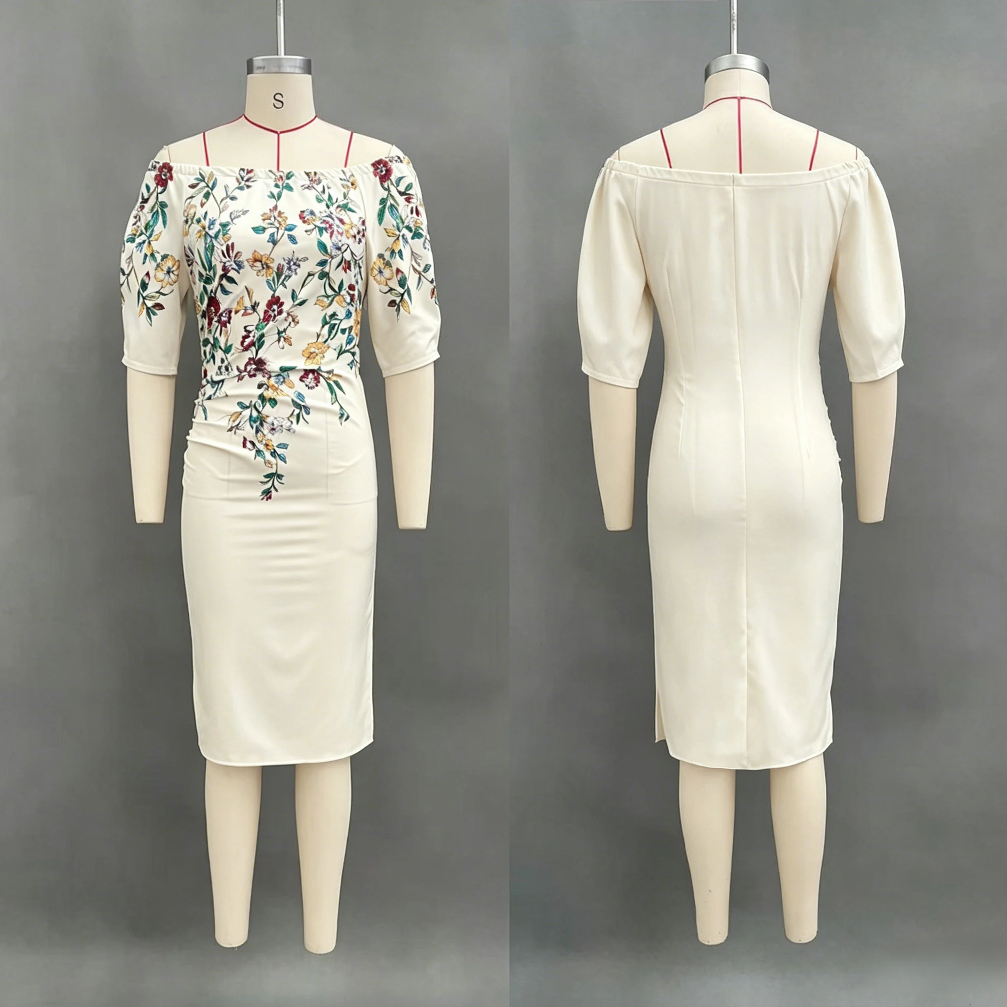 Vintage Floral Embroidery Print Off Shoulder Midi Dress Puff Sleeve Slim Fit Bodycon Split Cocktail Party Dresses For Women view 6