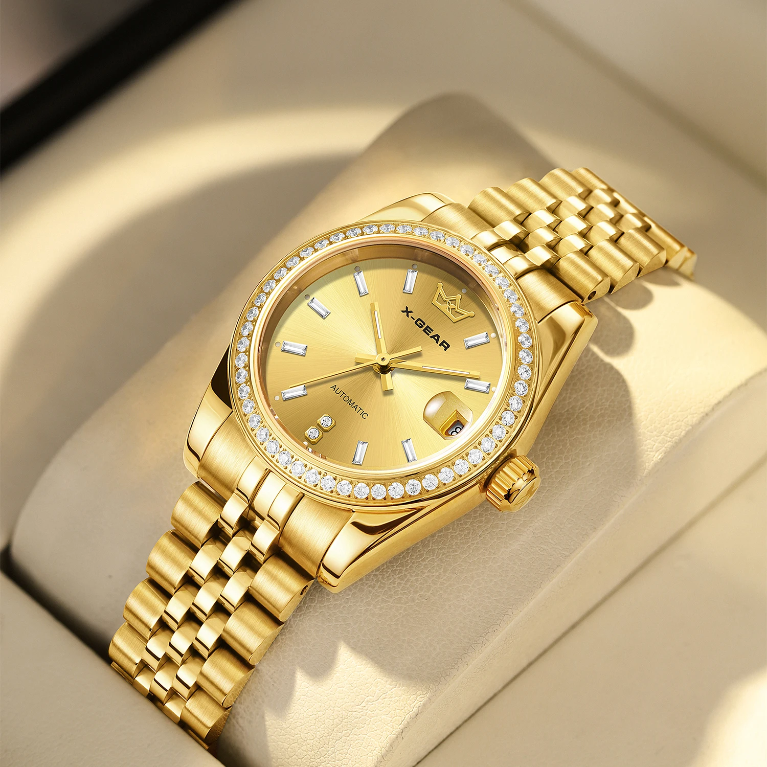 Women's Back Skeleton Automatic Mechanical with Luminous Sparkling Zirconia Diamonds Glamour Watch