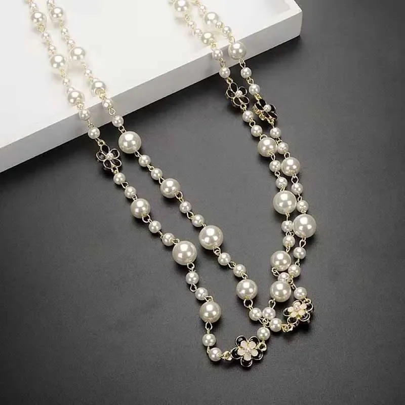 Korean luxury flower pearl long sweater chain necklace double layer necklace woman accessories