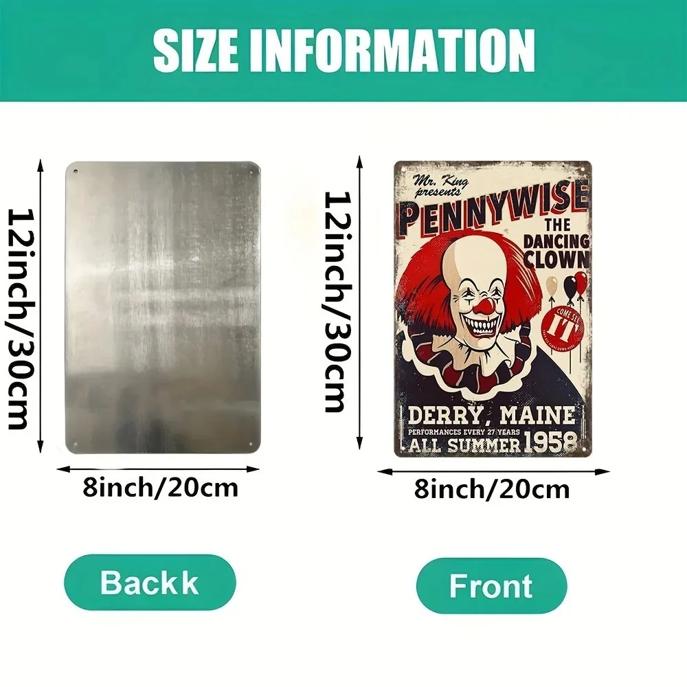 لوحة من القصدير - 1 لافتة حائط كلاسيكية من الألومنيوم عتيقة للمهرج الراقص Pennywise |   ديكور معدني من القصدير للبار والحانة والمقهى |   مثالية ل