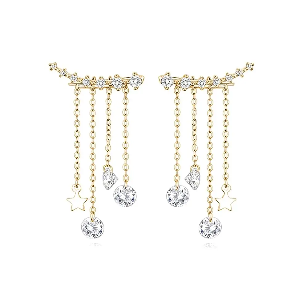 

Solid 925 Sterling Silver Crawler Earrings Tassel Chain Dangle for Women Teens 7 Crystal Cuff Earrings Climber