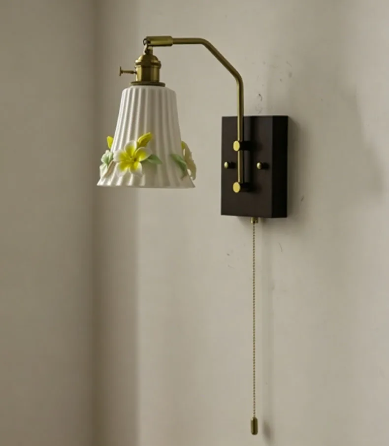White Ceramic Wall Light Flower Wood Base Switch E27 Bulb