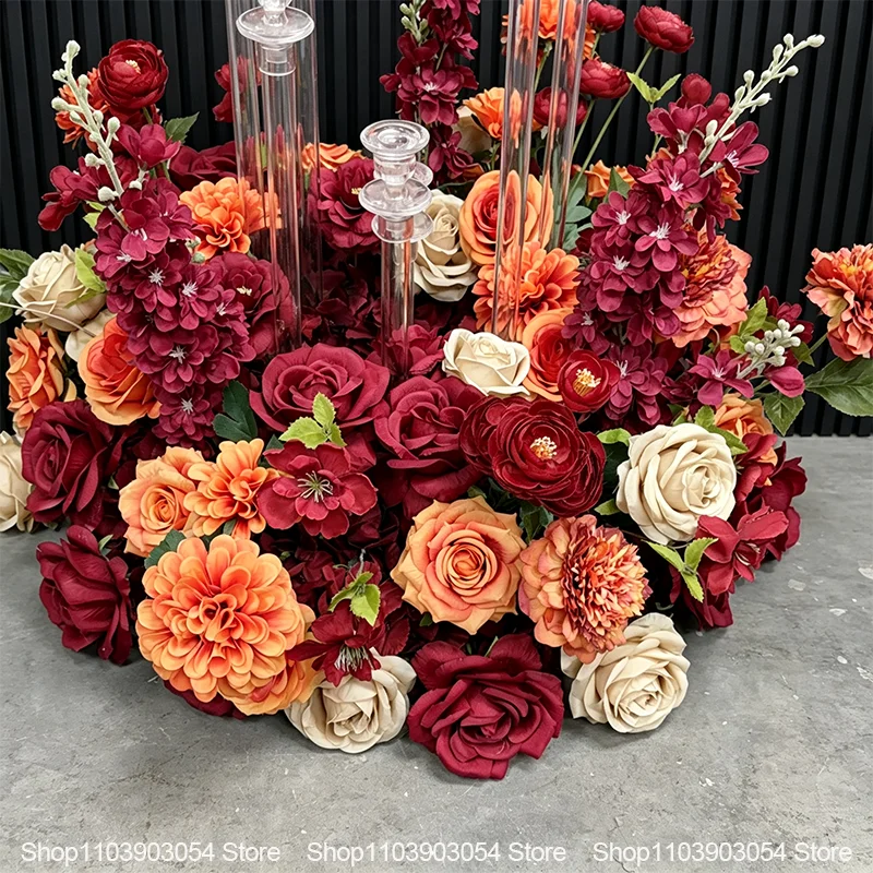 Burgunderrot-Orangefarbenes Künstliches Blumenarrangement Hochzeitstisch-Mittelstück Rose Delphinium Blumenbodenstrauß Party Zeremonie Dekoration – Detail 5
