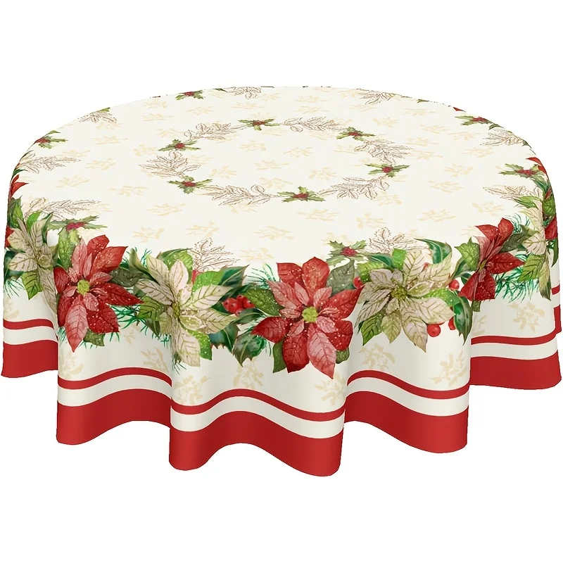 Christmas round tablecloth, red and white Christmas flower leaf tablecloth, winter Christmas farmhouse tablecloth