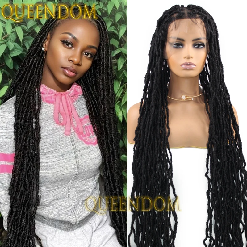 

Queendom Synthetic Distressed Twist Braided Wig 40 Inch Full Lace Locs Crochet Box Braid Wig Long Knotless Lace Front Braids Wig