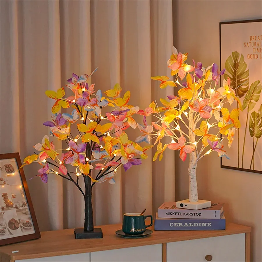 60CM LED Lighted Butterfly tree LED Birch Tabletop Bonsai Tree Night Light DIY Artificial Christmas Tree Lamp For Table Decor