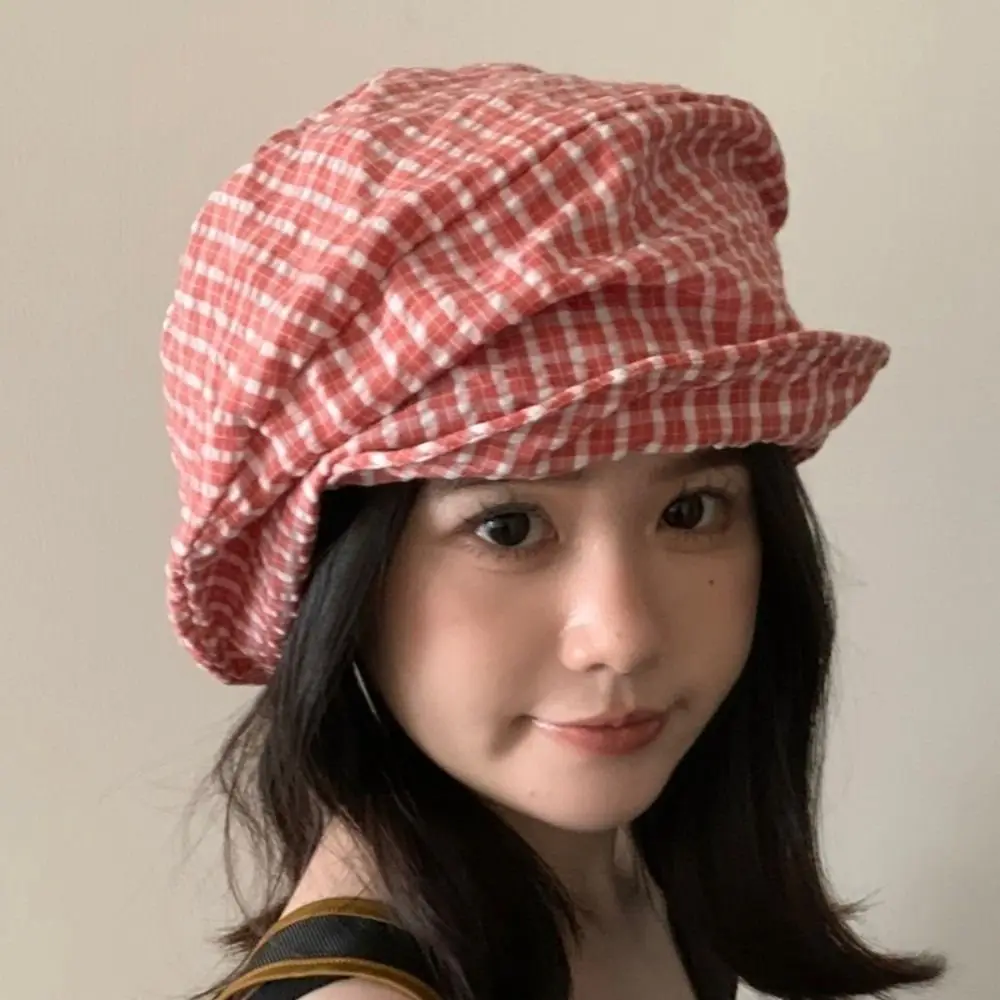 

Fashion Vintage Y2k Plaid Beret Japanese Cloud Octagonal Cap Soft Brim Artist Newsboy Cap Girls