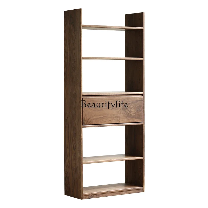 

Black walnut bookcase solid wood modern simple shelf Nordic floor shelf