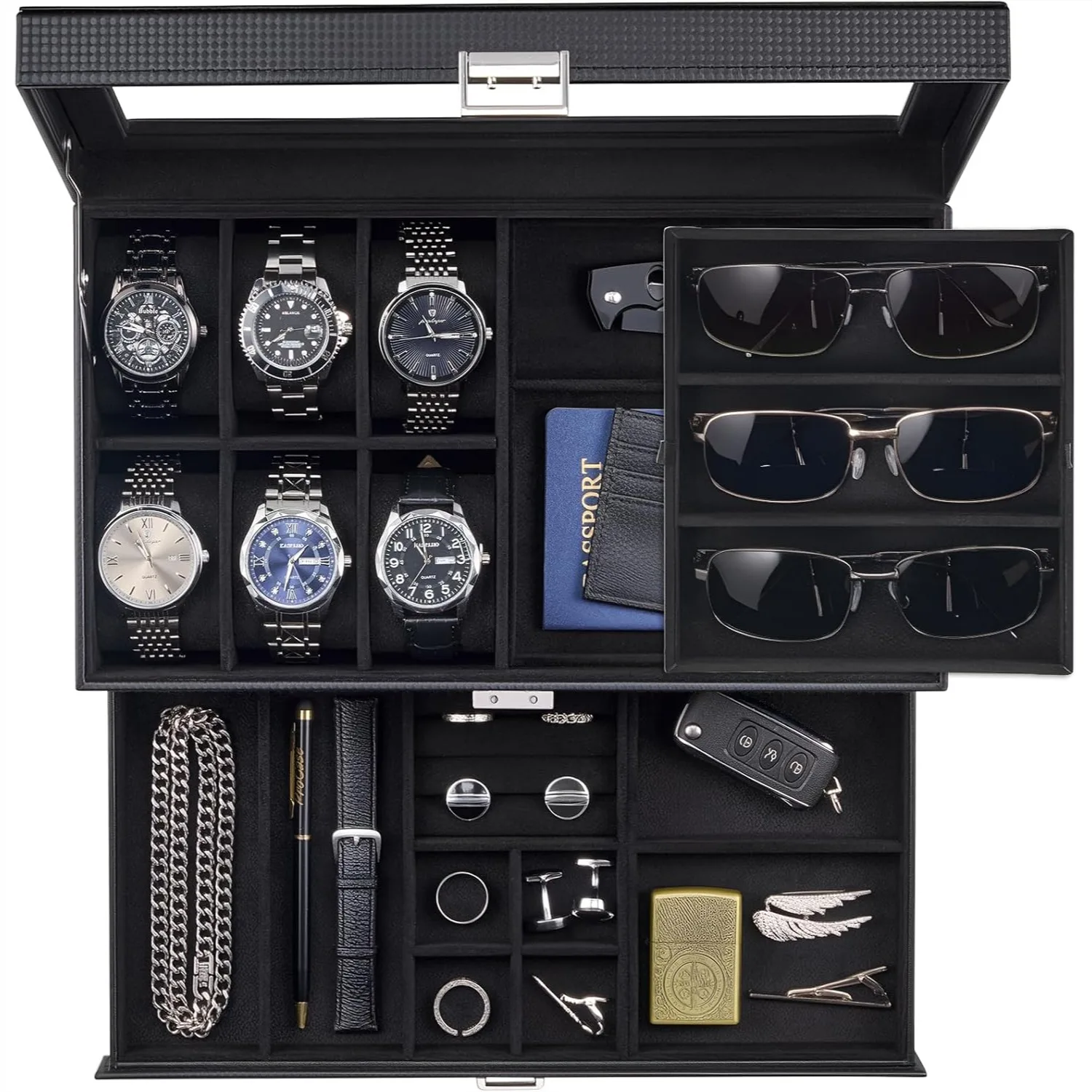 

Men's Jewelry Box with Lock, 6 Slot Watch Case & 3 Slot Sunglasses Organizer, 2-Layer Storage for Watches and Accessories, Glass
