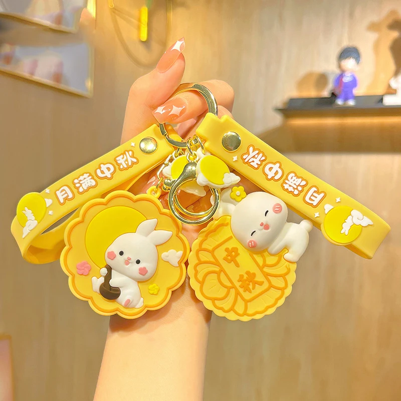 Creative Cute Mid-Autumn Festival Gift Key Chain Cartoon Moon Rabbit Doll Reunion Moon Cake Car Bag Keyring Pendant Family Gift