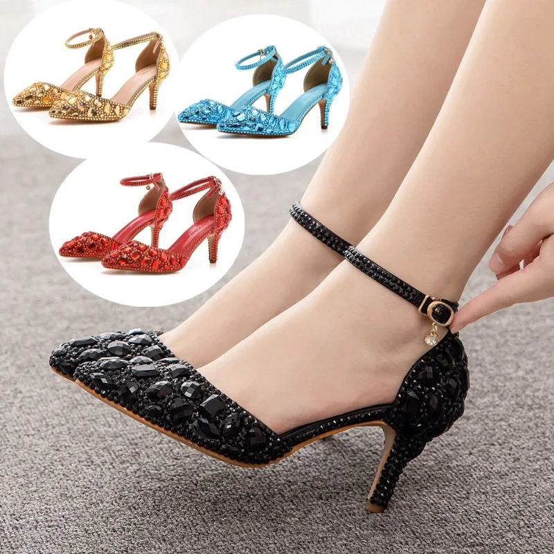 Sandalias de tacón fino de 7CM para mujer, zapatos de tacón con hebilla y diamantes de imitación para boda, fiesta de graduación, champán