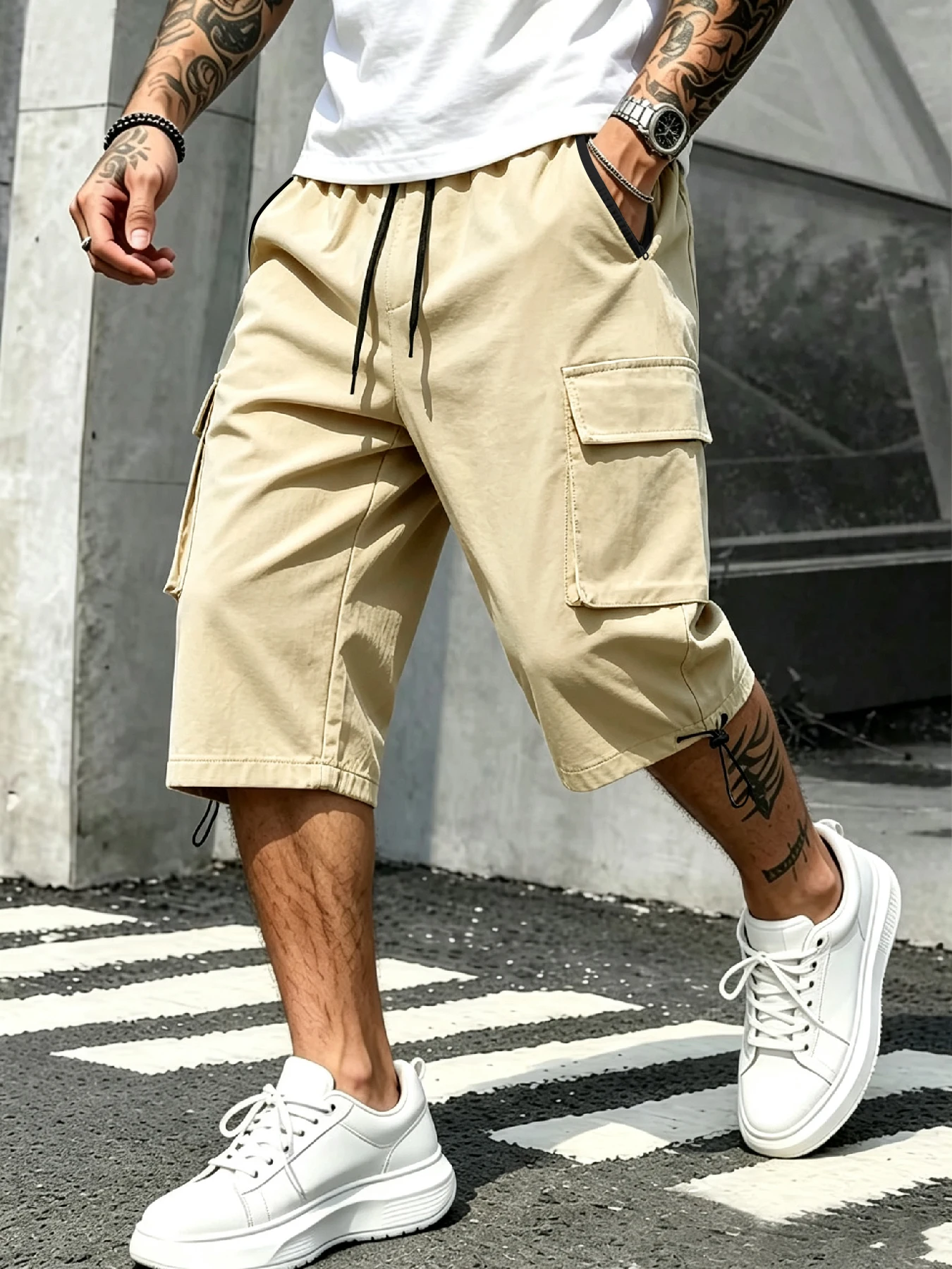 Men's Cargo Shorts | Minimalist Basic Cargo Style, Side Pockets Drawstring High Waist, Draped Loose Fit for All Body Types Summe