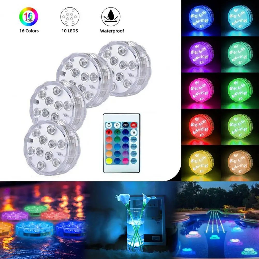 4Pcs Pool Diving Lights With Remote Control IP68 Waterproof 10 LEDs Colorful Light Underwater Submersible Aquarium LED Lamp