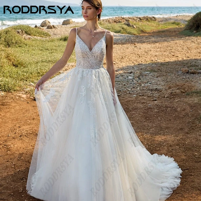 RODDRSYA-Vestidos de Novia de encaje con tirantes finos para mujer, vestido de novia Civil Simple sin mangas, apliques de tul para fiesta de novia, vestidos de novia de playa-Vestidos de Novia de encaje con tirantes fi