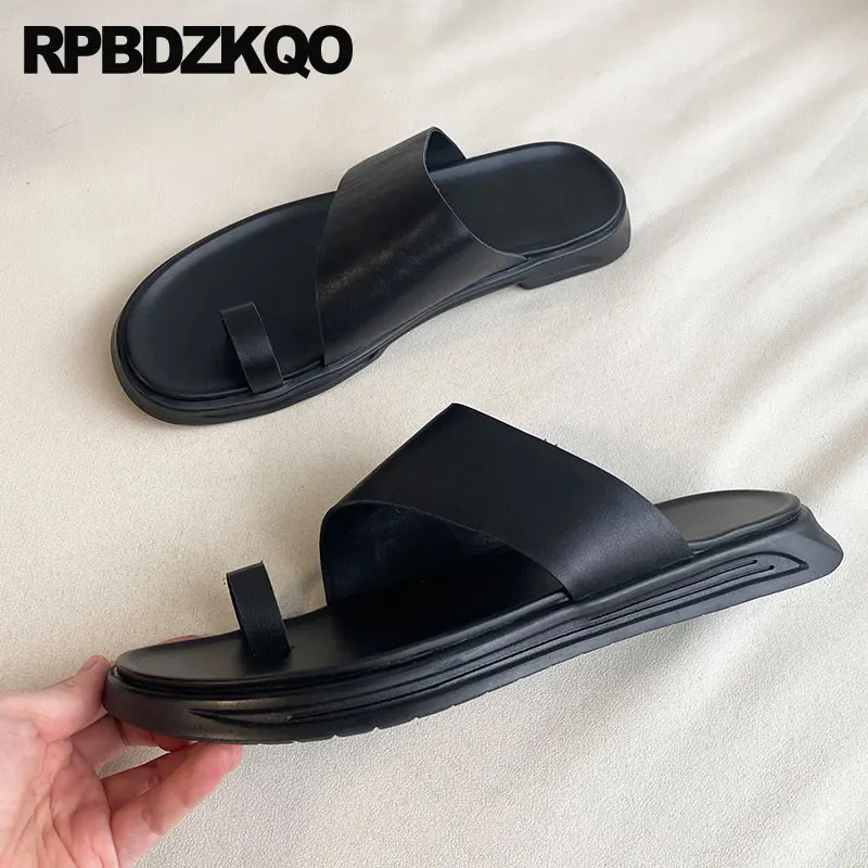 Slip On Toe Loop Open Ring Toe Designer Men Sandals Real Genuine Leather Summer Outdoor Slides Shoes 2023 Fashion Slippers