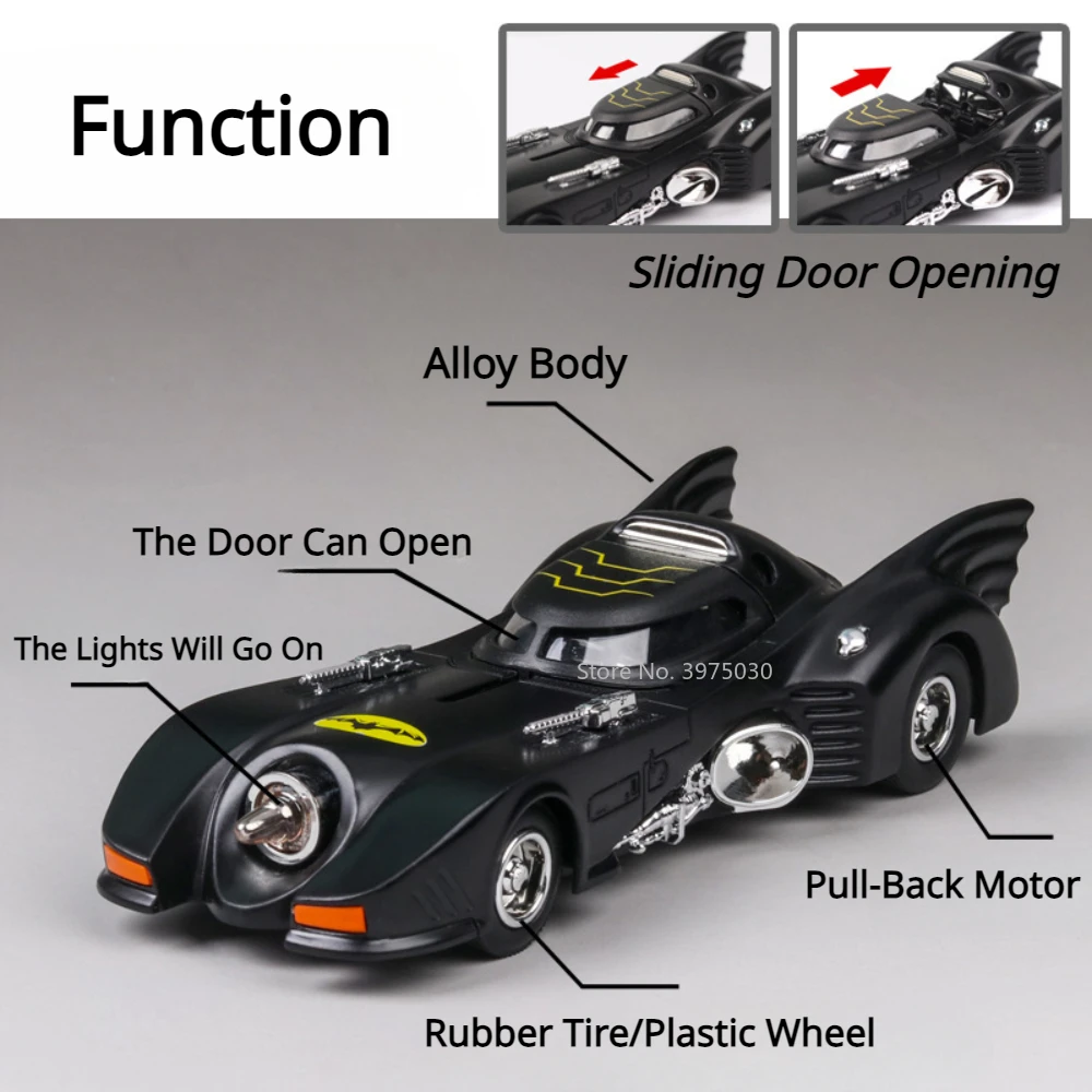 1/38 Scale Bat Mobile Tank Car Model Toys Alloy Diecast Simulation Metal Vehicles Sound Light Pull Back Car Toys for Child Gifts