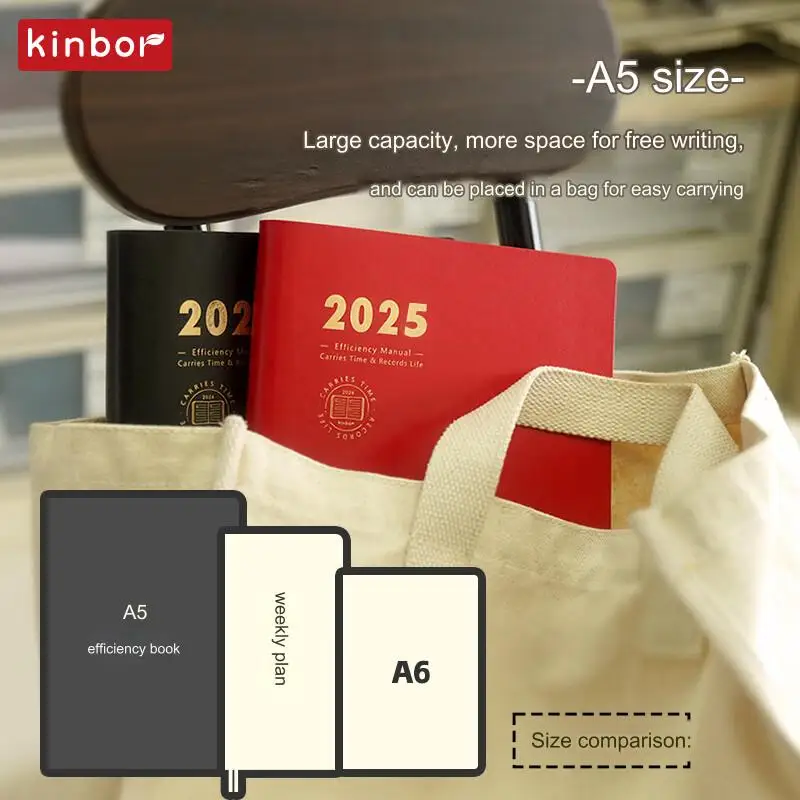 Kinbor 2025 Schedule Notebook Efficiency Book A5 Self-filled PU Leather Handbook 1-page 2-day Record Organization Guided Journal