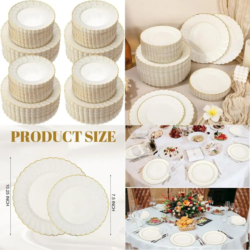 

Сверхмощные пластиковые тарелки цвета слоновой кости с золотой оправой, упаковка 120 для десертов, закусок, праздников, свадеб, вечеринок