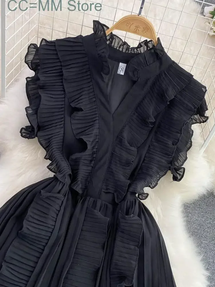 Nieuwe zoete stijl lange jurk voor dames V-hals Fly-mouwen A-lijn effen kleur hoge taille jurken lente zomer