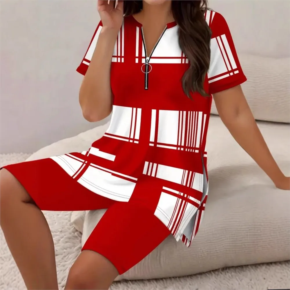 Estate nuove donne alla moda vestito con cerniera decorazione camicia stampata a righe Top + camicie abiti larghi casual set in due pezzi abbigliamento per la casa