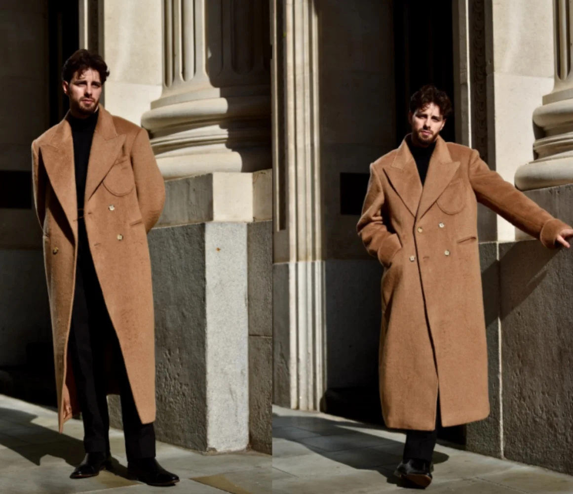 

Classic Men's Wool Coat Double Breasted Slim Fit Mid-length Autumn Winter Out-Wear Warm Windproof Collection Custom Made