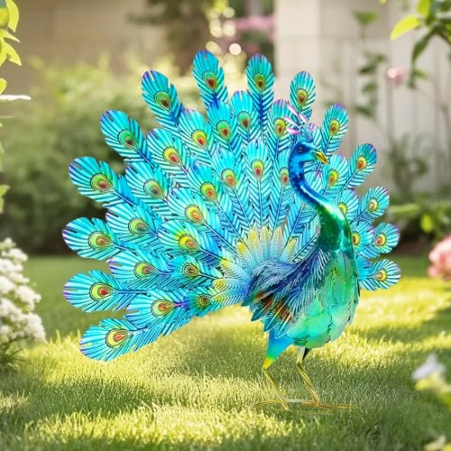 

27.5" Metal Peacock Garden Statue with Tail Spread, Handmade 3D Textured Peacock Garden Sculptures Metal Yard Art for Patio, Ga