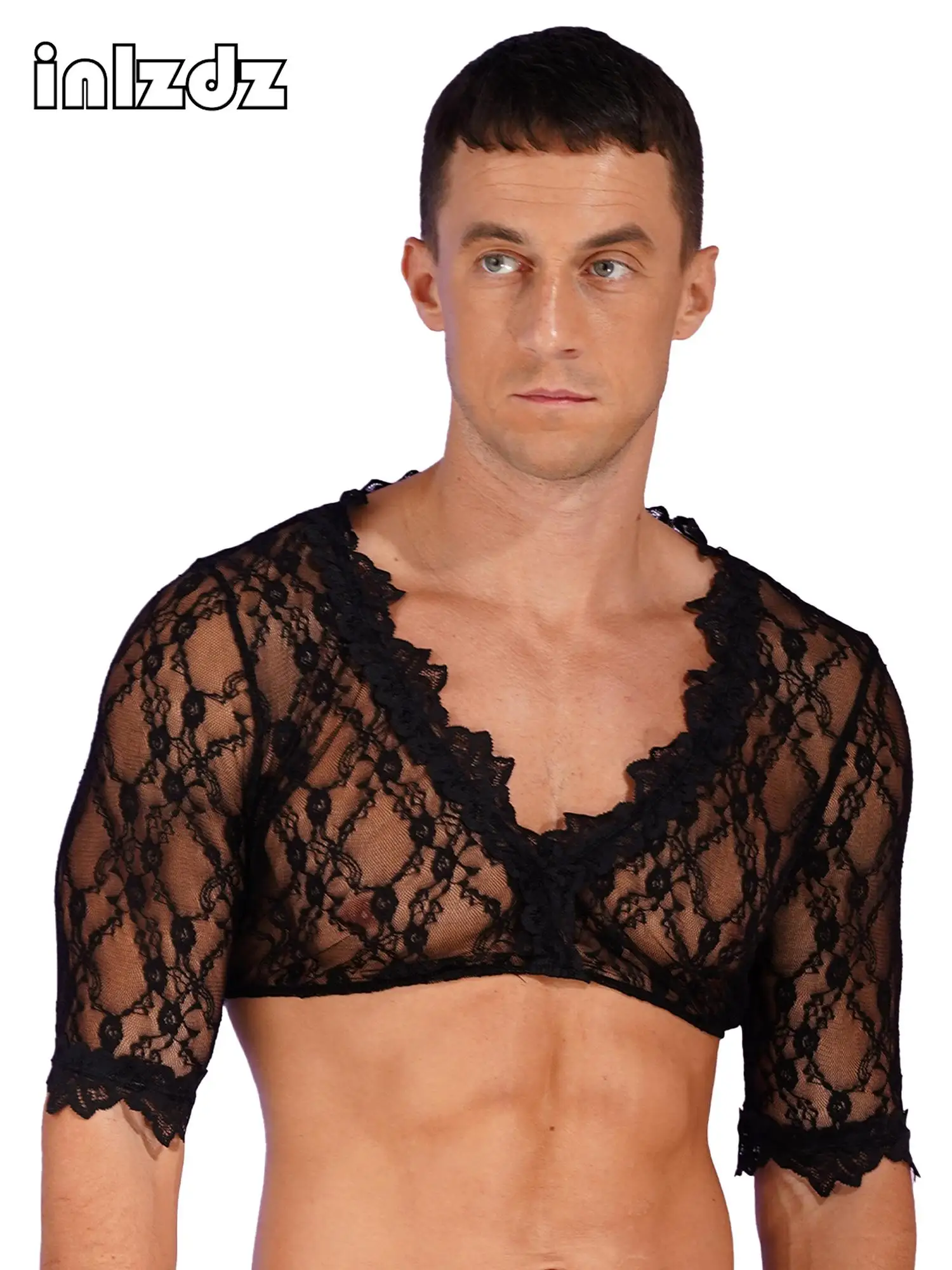 

Mens see-though Lace Crop Top Deep V-Neck Half Sleeve Crop Top SheerPullover Blouse Cross-Dresser Transvestite Costume