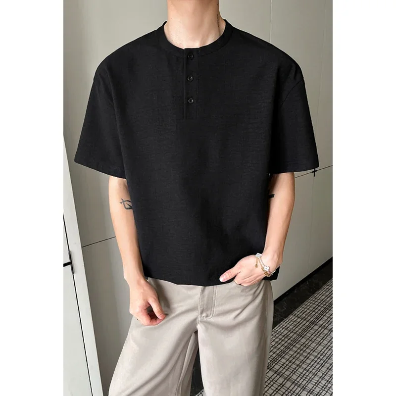 Mens Linen Blend Short Sleeve Top Henley Button Placket Oversized Cutting T‑Shirt Suitable For Vacation Dating And Casual Scenes