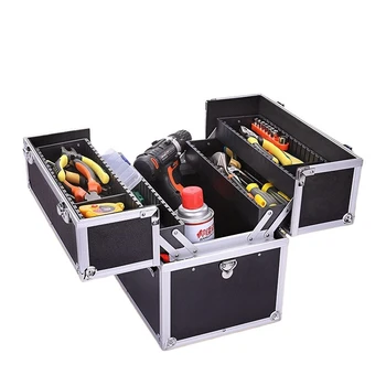 Grande boîte à outils de quincaillerie portable, alliage d'aluminium, électricien, qualité industrielle, multicouche, finition, ménage, rangement
