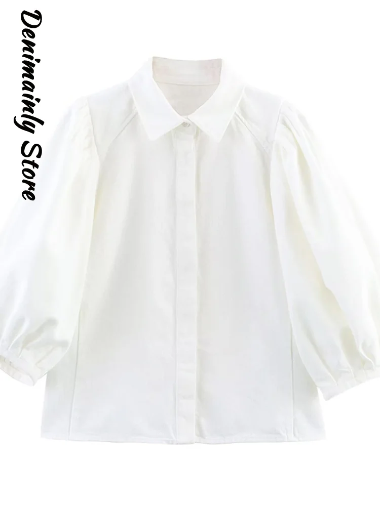 

Loose White Blue Denim Woman Shirt Fashion Lapel Puff Sleeve Pleated Female Tops 2025 Summer New Casual elegant Womens Shirts