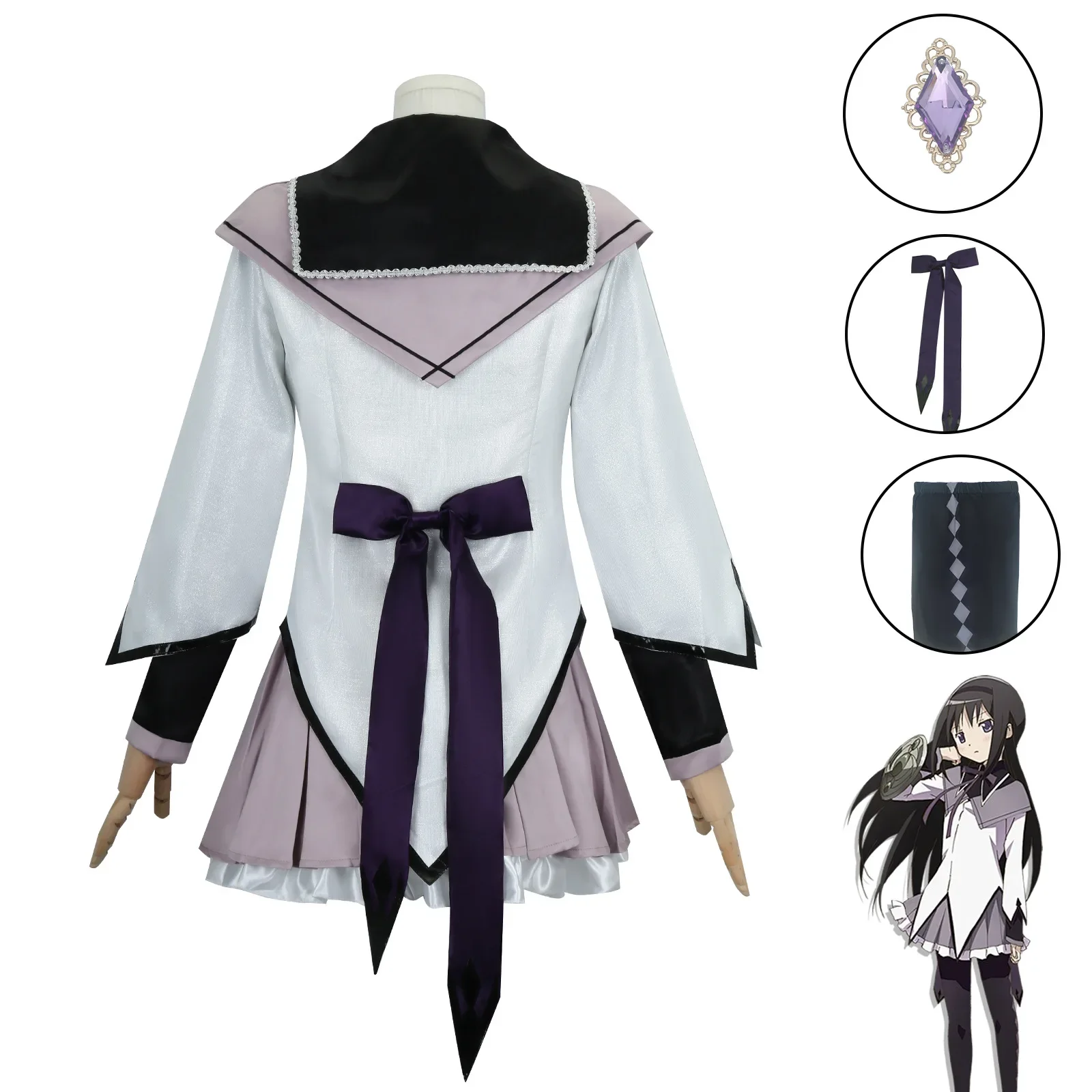 Disfraz de Puella Magi Madoka Magica Homura Akemi para niña, uniforme de lucha, peluca, calcetines, vestido de cómic de Halloween