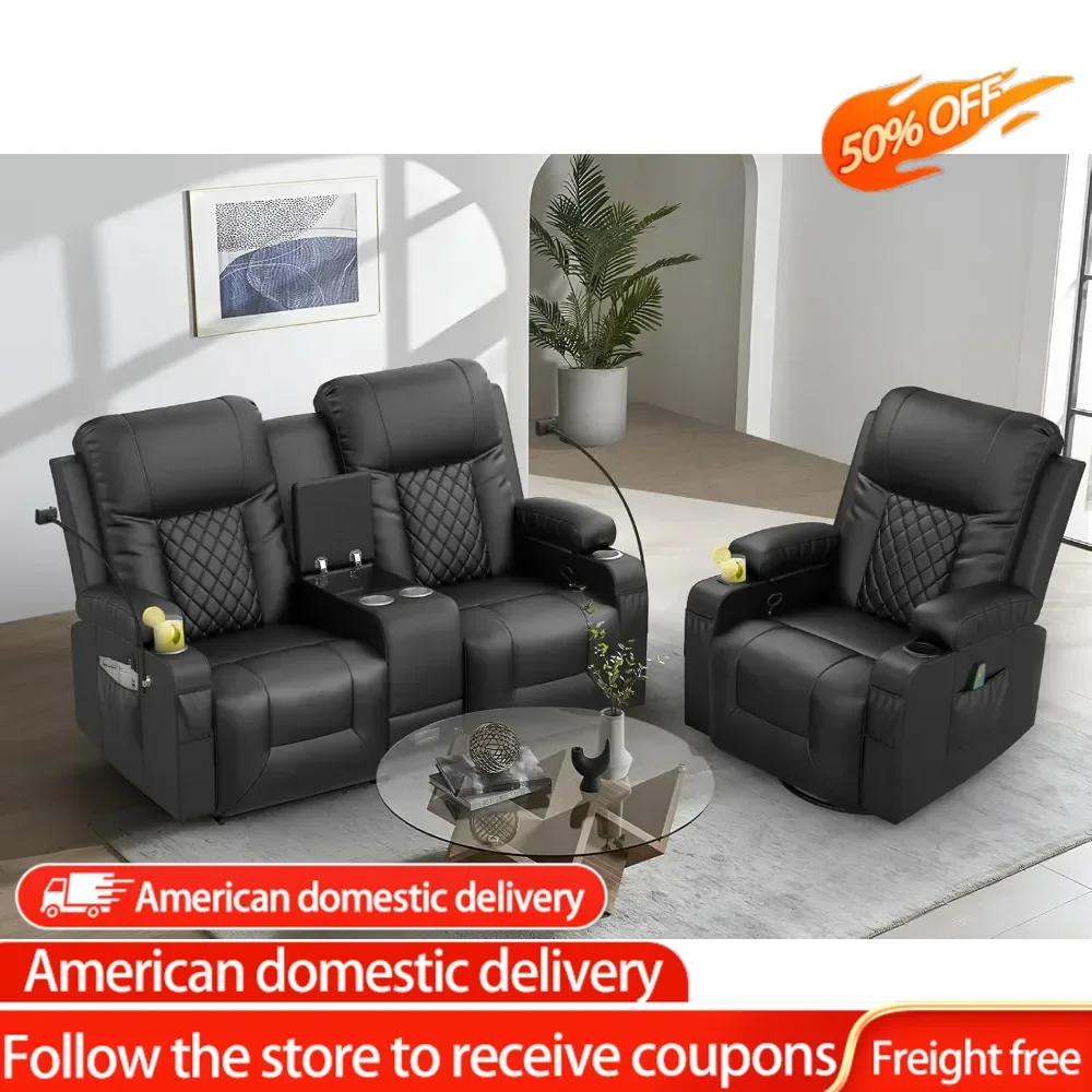 Living Room Furniture Set, Recliner2 Seate and 360° Swivel Recliner Chair with Massage,Luxur Reclining Sofa 2PC SetforLivingRoom