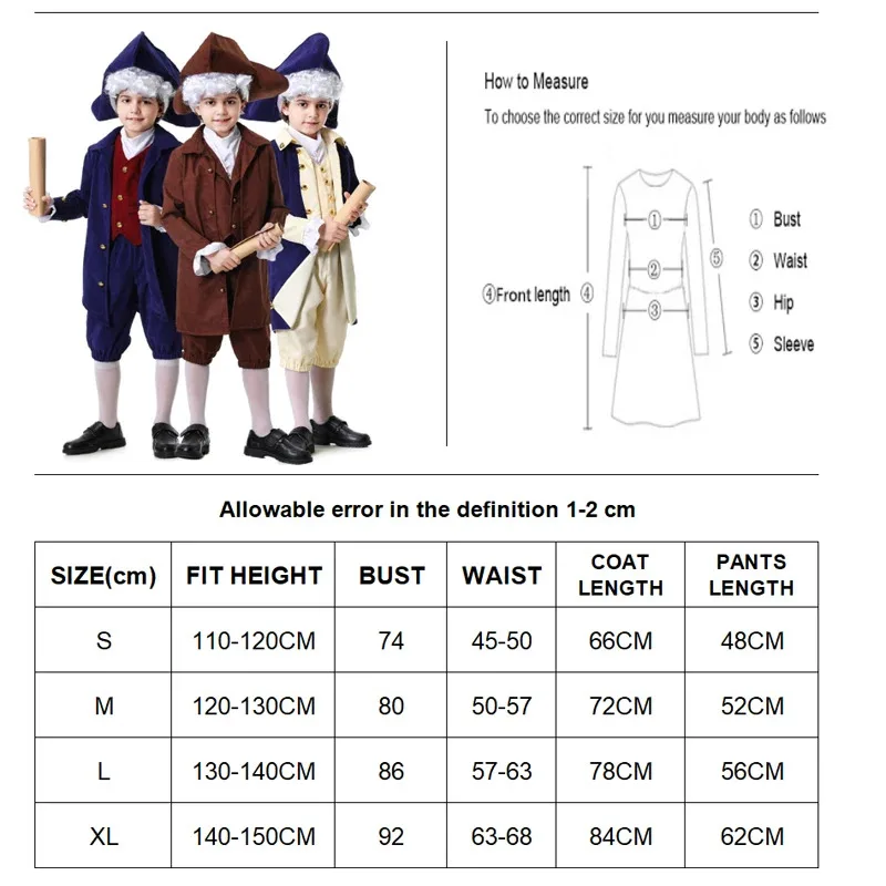 كرنفال الهالوين واشنطن القاضي المحامي للطفل زي الزي الاستعماري الأمريكي مع شعر مستعار تأثيري فستان حفلة تنكرية