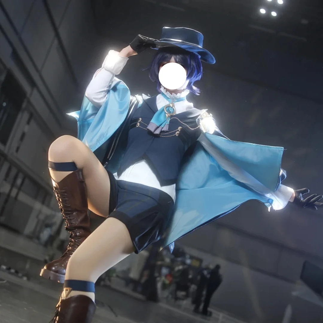 FES Wanderer Balladeer Cosplay Costume Genshin Impact Navy Blue Printed Short Cape Waistcoat Shirt Bow Tie Striped Shorts Gloves - view 3