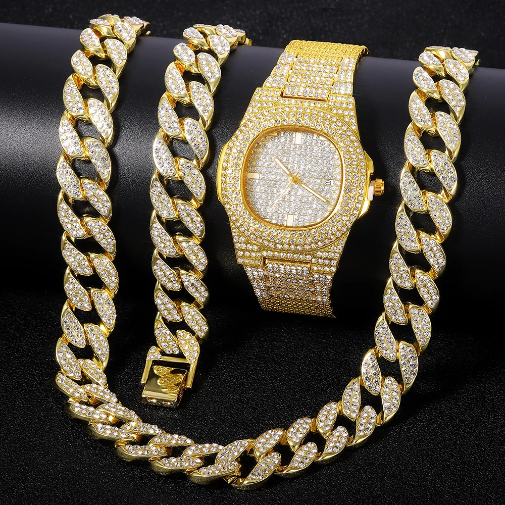 

HipHop Men Women Iced Out Watch 3PCS KIT Luxury Watches Jewelry Set Watch+Necklace+Bracelet Bling 16mm Cuban Link Chain Gift